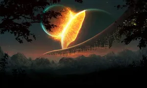 Caption: Majestic Cosmic Landscape Wallpaper