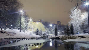 Caption: Majestic Winter Cityscape In Snowy Dusk Wallpaper