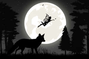 Caption: Majestic Wolf Silhouette Against The Moonlit Sky Wallpaper