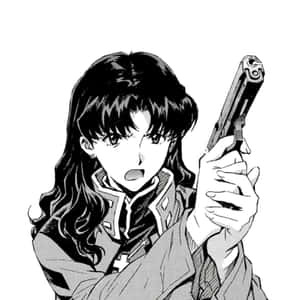 Caption: Misato Katsuragi Striking A Pose On A Purple Background Wallpaper