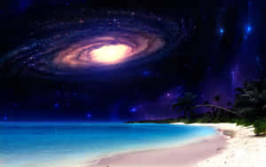 Caption: Mystical Sci-fi Beach Under A Galaxy Sky Wallpaper