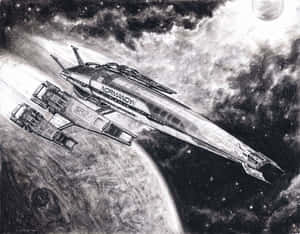 Caption: Normandy Sr-2 Soaring Through Space Wallpaper