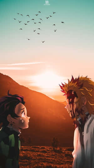 Caption: Rengoku And Tanjiro, Unstoppable Duo Of Demon Slayers Wallpaper