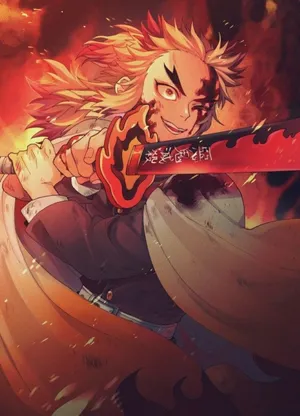 Caption: Rengoku, The Fiery Swordsman With His Flaming Sword Wallpaper