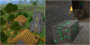 Caption: Shiny Minecraft Emeralds Amid The Pixelated Terrain Wallpaper