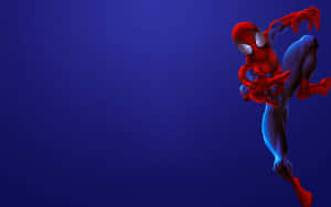 Caption: Spider-man Blue Swinging Through The City Wallpaper