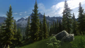 Caption: Stunning Skyrim Landscape At Dusk Wallpaper