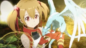 Caption: Sword Art Online's Silica In Action With Her Dragon Pina Wallpaper