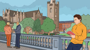 Caption: Vibrant Cartoon Illustration Of Dublin Cityscape Wallpaper