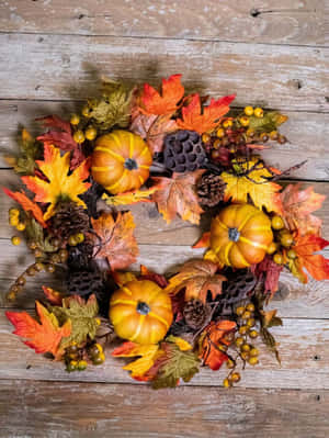 Caption: Vibrant Fall Wreath Adorning A Cozy Doorway Wallpaper