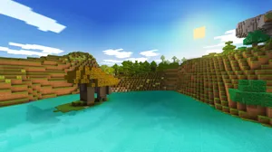 Caption: Vibrant Minecraft Pixel Art Landscape Wallpaper