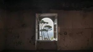 Caption: Vintage Stone House Window Wallpaper
