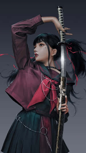 Captivating Female Samurai In Battle Stance Wallpaper