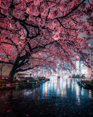 Captivating Night View Of Pink Cherry Blossom Trees Wallpaper