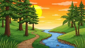 Cartoon Forest Sunset Wallpaper