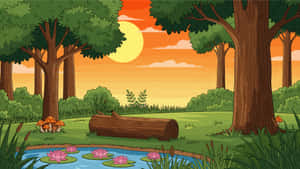 Cartoon Forest Sunset Scene Wallpaper