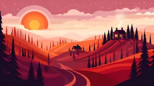 Cartoon Mountain Sunset Landscape Wallpaper