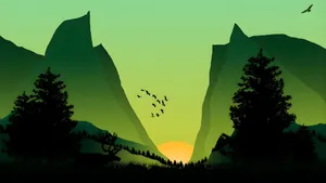 Cartoon Mountain Sunset Scene Wallpaper