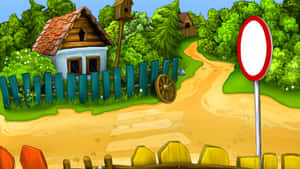 Cartoon Road With House Wallpaper