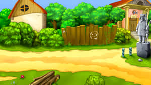 Cartoon Village Road Scene Wallpaper