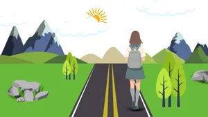 Cartoon Woman Walking Road Wallpaper