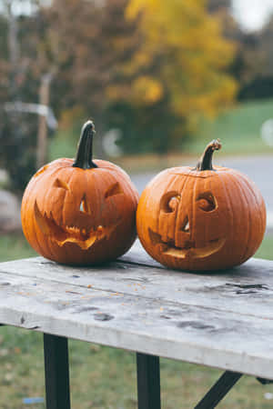 Carved Pumpkins Fall Setting Wallpaper