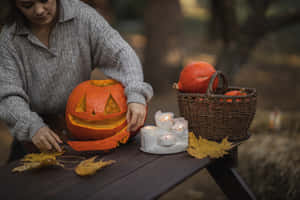 Carving Halloween Pumpkin Outdoors Wallpaper