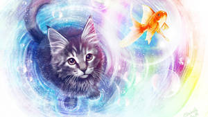 Cat And Goldfish Art Wallpaper