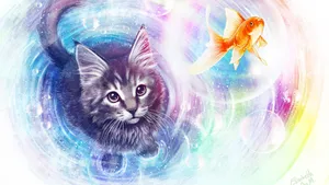 Cat And Goldfish Art Wallpaper
