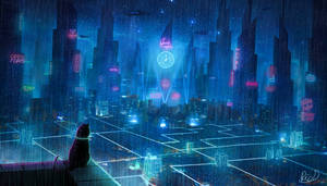 Cat In Cyberspace Neon City Wallpaper