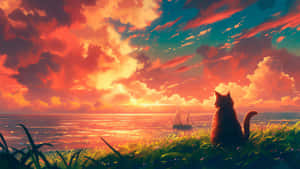 Cat Watching Ocean Sunset Wallpaper