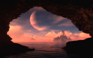 Cave View Of Alien Sunset Wallpaper