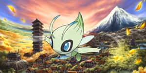 Celebi Flying Over Ancient Village Wallpaper