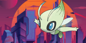 Celebi Flying Through Cityscape Wallpaper