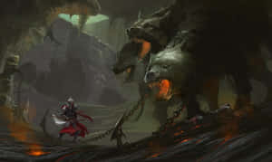 Cerberus_and_ Warrior_ Confrontation Wallpaper