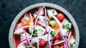 Ceviche Cubed Ingredients On Stone Bowl Wallpaper