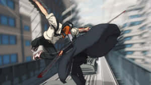 Chainsaw Man Katana Man Action Scene Wallpaper