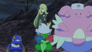 Champion Cynthia With Her Roserade In Action Wallpaper