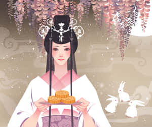Chang'e Moon Goddesswith Mooncakesand Rabbits Wallpaper