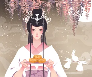 Chang'e Moon Goddesswith Mooncakesand Rabbits Wallpaper