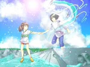 Characters Holding Hands In Sen To Chihiro No Kamikakushi Wallpaper