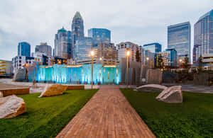 Charlotte Skyline Dusk Park Fountain Wallpaper