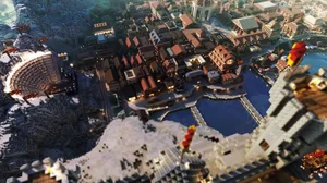 Charming Minecraft Village By The Lake Wallpaper