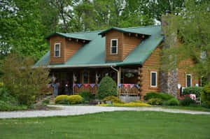 Charming Rustic Log Cabin Exterior Wallpaper