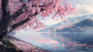 Cherry Blossom Lake Serenity4 K Wallpaper