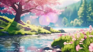 Cherry Blossom Riverside Anime Scene Wallpaper
