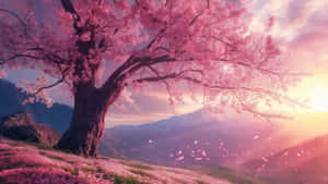 Cherry Blossom Sunset Mountain View4 K Wallpaper