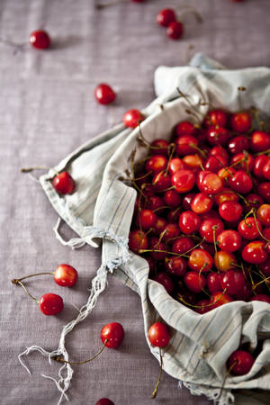 Cherry Fruit On Burlap Bag Wallpaper