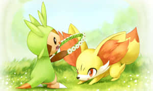 Chespin Giving Flower Crown To Fennekin Wallpaper