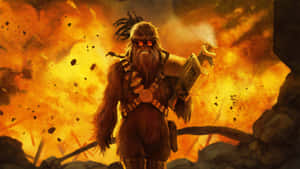 Chewbacca_ Fierce_ Warrior_ Amidst_ Explosion_ Ultra Wide Wallpaper